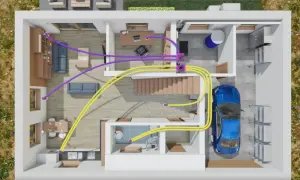 Wizualizacja projekt instalacji co. Rury grzewcze, fioletowe i żółte, biegną przez dom, łącząc różne pomieszczenia.