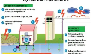 Ilustracja pokazuje skutki uderzenia pioruna: bezpośrednie uderzenie w budynek, spadki napięcia i indukowane przepięcia. Pokazano też wyładowania w pobliżu, które mogą wywołać przepięcia.