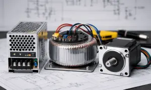Zasilacz, transformator i silnik krokowy na schemacie. To 1 wat wzór dla elektronika.