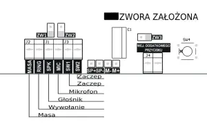 Schemat podłączenia domofonu w bloku 6 żył. Pokazuje połączenia MASA, RING, SPK, MIC, SW1, SW2 oraz wejście dodatkowego przycisku.