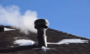 Para komina na dachu z wydobywającymi się z niej spalinami z pieca gazowego. Na dachu leży śnieg.