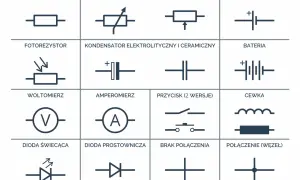 Zestawienie podstawowych **elektronika symbole**: rezystor, potencjometr, ogniwo, fotorezystor, kondensator, bateria, woltomierz, amperomierz, przycisk, cewka, dioda LED, dioda prostownicza, brak połączenia, połączenie.