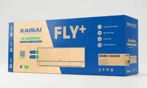 Opakowanie klimatyzatora Kaisai Fly+ z informacją o zużyciu prądu.