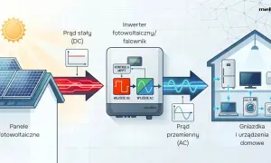 Schemat działania paneli fotowoltaicznych: prąd stały (DC) z paneli trafia do falownika z kontrolą MPPT, gdzie jest zamieniany na prąd przemienny (AC) dla urządzeń domowych.