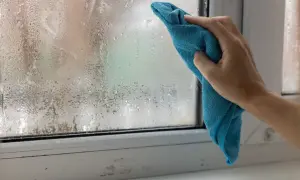 Ręka z niebieską ściereczką wyciera zaparowane okno. Skraplająca się woda na szybie to znak, że trzeba pomyśleć, jak pozbyć się wilgoci w pokoju.