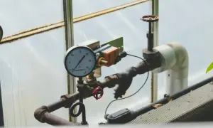 Manometr wskazuje prawidłowe ciśnienie w instalacji solarnej. Rury i zawory są częścią systemu.