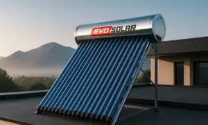 Kolektor słoneczny EVO SOLAR na dachu. To urządzenie, które wykorzystuje energię słoneczną do podgrzewania wody.