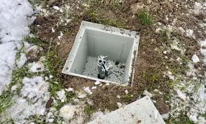 Uziom szpilkowy w piwnicy, gotowy do podłączenia. Widać metalową szpilę w plastikowej obudowie, otoczoną ziemią i resztkami śniegu.