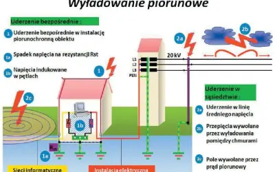 Ilustracja pokazuje skutki uderzenia pioruna: bezpośrednie uderzenie w budynek, spadki napięcia i indukowane przepięcia. Pokazano też wyładowania w pobliżu, które mogą wywołać przepięcia.