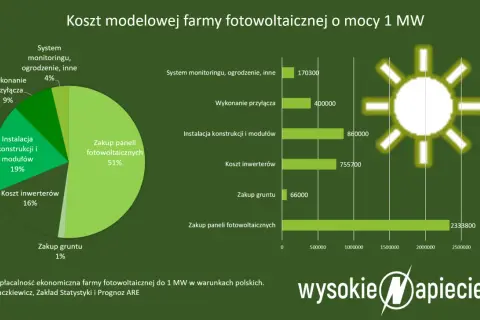 Koszty budowy elektrowni słonecznej w Polsce: zakup paneli to 51%, instalacja 19%, inwertery 16%, przyłącza 9%, monitoring 4%, grunt 1%.