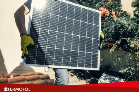 Osoba w żółtych rękawicach niesie panel fotowoltaiczny. Zastanawiasz się, czy można dołożyć panele fotowoltaiczne do istniejącej instalacji?