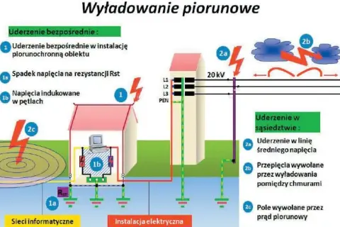 Ilustracja pokazuje skutki uderzenia pioruna: bezpośrednie uderzenie w budynek, spadki napięcia i indukowane przepięcia. Pokazano też wyładowania w pobliżu, które mogą wywołać przepięcia.