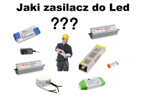 Jaki zasilacz do Led? Różne zasilacze LED, od małych kostek po większe obudowy, z budowlańcem w tle.