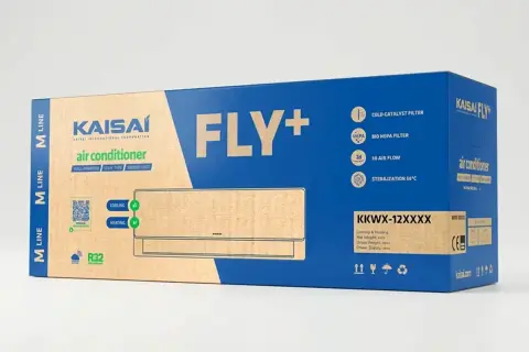 Opakowanie klimatyzatora Kaisai Fly+ z informacją o zużyciu prądu.