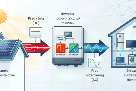 Schemat działania paneli fotowoltaicznych: prąd stały (DC) z paneli trafia do falownika z kontrolą MPPT, gdzie jest zamieniany na prąd przemienny (AC) dla urządzeń domowych.