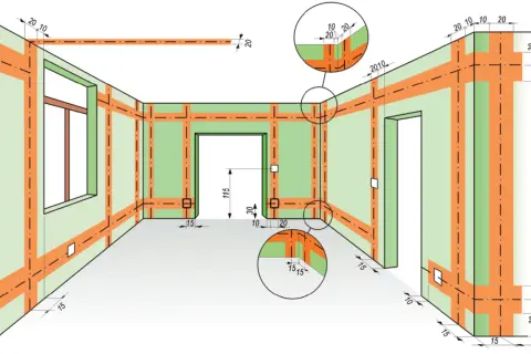 Schemat jak kłaść kable elektryczne w domu. Pomarańczowe linie na zielonych ścianach pokazują przebieg instalacji, z wymiarami.