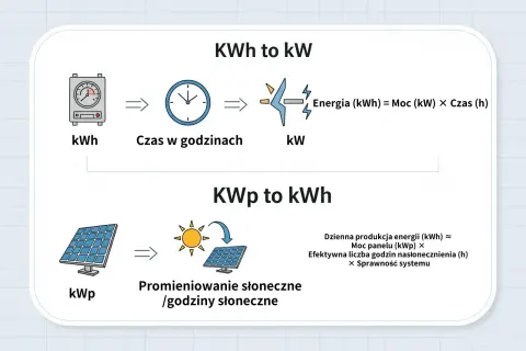 Wykres pokazuje, jak obliczyć energię (kWh) z mocy (kW) i czasu (h) oraz dzienną produkcję energii (kWh) z mocy panelu (kWp) i godzin słonecznych.