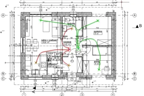 Plan mieszkania z zaznaczonymi kanałami wentylacyjnymi. Schemat rekuperacji pokazuje przepływ powietrza w salonie, kuchni, łazience i sypialni.