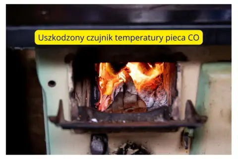 Piec CO z płonącym żarem. Na górze żółty pasek z napisem "Uszkodzony czujnik temperatury pieca CO".