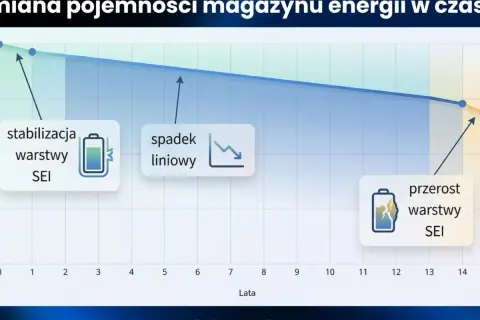 Wykres ilustruje żywotność magazynu energii, pokazując stabilizację, spadek liniowy i przerost warstwy SEI.