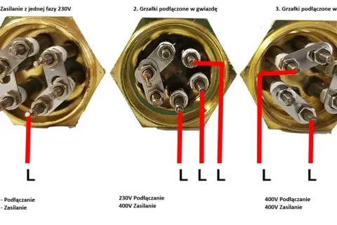 Schemat podłączania grzałek: 230V z jednej fazy (N, L), 400V w gwiazdę (L, L, L) i w trójkąt (L, L, L). Jak podłączyć podlicznik 3 fazowy.