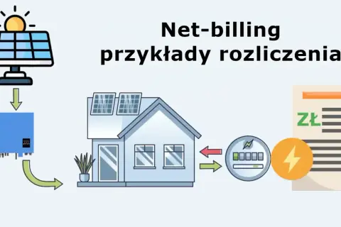 Schemat ilustruje net-billing, czyli rozliczenie prosumenckie energii z paneli słonecznych. Pokazuje przepływ prądu od paneli, przez falownik, do domu i licznika, a następnie rozliczenie finansowe.