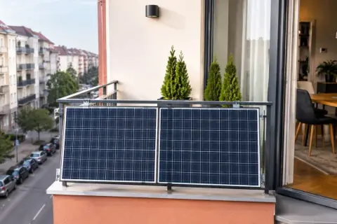 Dwa panele fotowoltaiczne zamontowane na balkonie, obok ozdobnych drzewek. W tle widać ulicę z samochodami i kamienice.