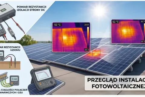 Przegląd instalacji fotowoltaicznej: pomiar izolacji, uziemienia i ciągłości połączeń. Przepisy dotyczące fotowoltaiki są kluczowe dla bezpieczeństwa.