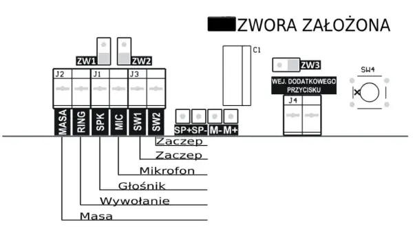 Schemat podłączenia domofonu w bloku 6 żył. Pokazuje połączenia MASA, RING, SPK, MIC, SW1, SW2 oraz wejście dodatkowego przycisku.