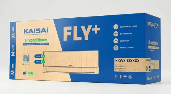 Opakowanie klimatyzatora Kaisai Fly+ z informacją o zużyciu prądu.