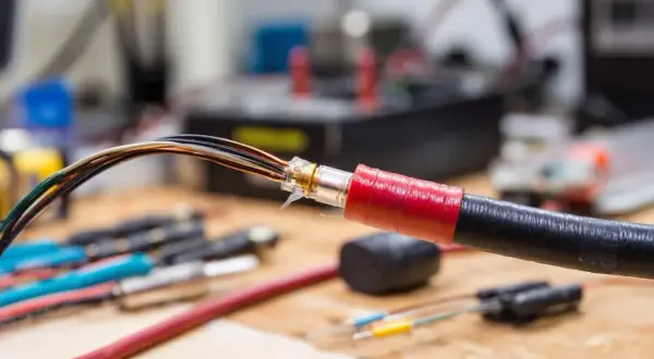 Przewody elektryczne z widoczną izolacją, zabezpieczone taśmą.