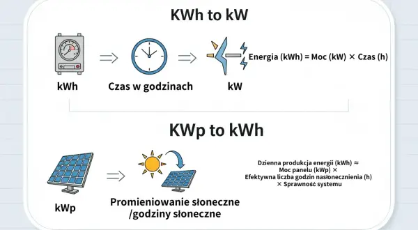 Wykres pokazuje, jak obliczyć energię (kWh) z mocy (kW) i czasu (h) oraz dzienną produkcję energii (kWh) z mocy panelu (kWp) i godzin słonecznych.