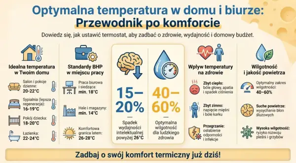 Jaka temperatura w domu zimą? Optymalna dla salonu to 20-22°C, a dla sypialni 16-19°C. Zadbaj o komfort termiczny!