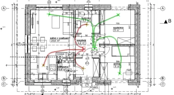 Plan mieszkania z zaznaczonymi kanałami wentylacyjnymi. Schemat rekuperacji pokazuje przepływ powietrza w salonie, kuchni, łazience i sypialni.