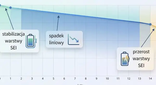 Wykres ilustruje żywotność magazynu energii, pokazując stabilizację, spadek liniowy i przerost warstwy SEI.