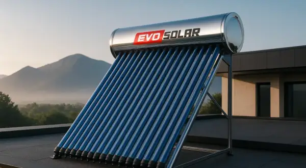 Kolektor słoneczny EVO SOLAR na dachu. To urządzenie, które wykorzystuje energię słoneczną do podgrzewania wody.