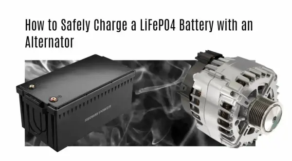Bezpieczne ładowanie akumulatora LiFePO4 za pomocą alternatora. Czarny akumulator i srebrny alternator.