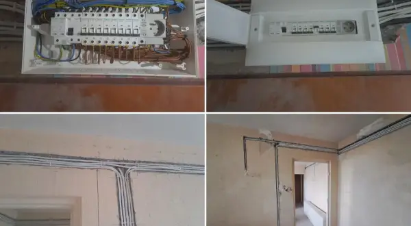 Nowy rozdzielacz i przewody elektryczne w bloku. Trwa wymiana instalacji elektrycznej, widać nowe zabezpieczenia i uporządkowane okablowanie.
