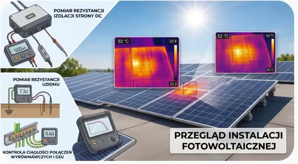 Przegląd instalacji fotowoltaicznej: pomiar izolacji, uziemienia i ciągłości połączeń. Przepisy dotyczące fotowoltaiki są kluczowe dla bezpieczeństwa.