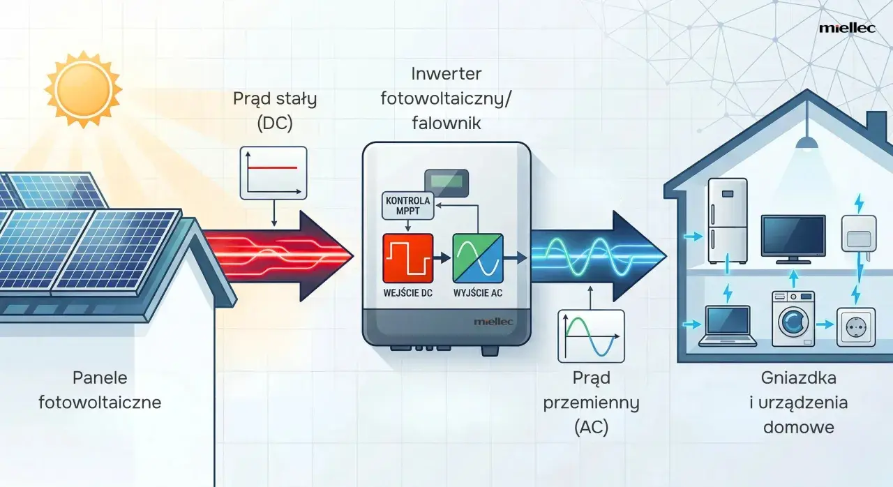 Schemat działania paneli fotowoltaicznych: prąd stały (DC) z paneli trafia do falownika z kontrolą MPPT, gdzie jest zamieniany na prąd przemienny (AC) dla urządzeń domowych.