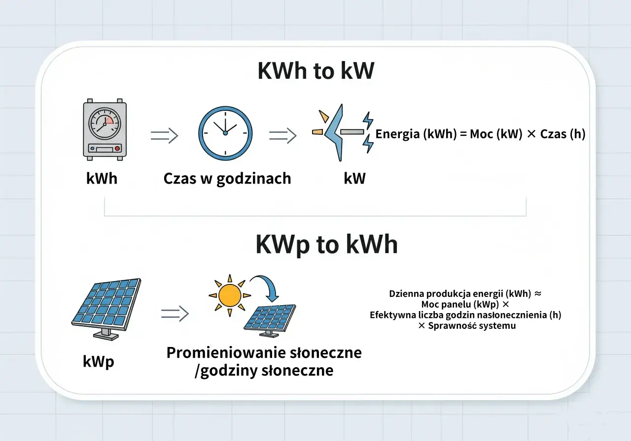 Wykres pokazuje, jak obliczyć energię (kWh) z mocy (kW) i czasu (h) oraz dzienną produkcję energii (kWh) z mocy panelu (kWp) i godzin słonecznych.