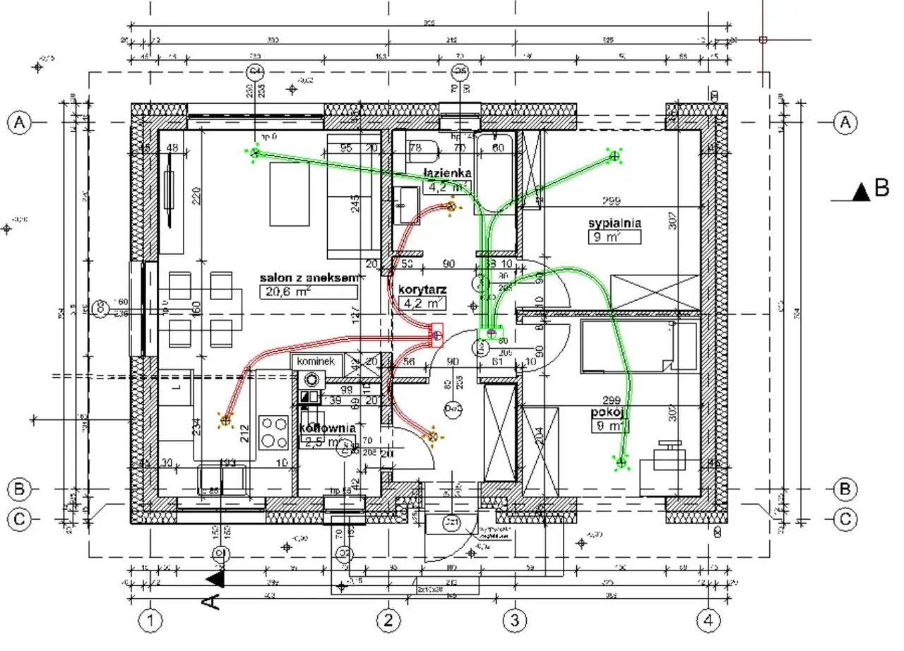 Plan mieszkania z zaznaczonymi kanałami wentylacyjnymi. Schemat rekuperacji pokazuje przepływ powietrza w salonie, kuchni, łazience i sypialni.