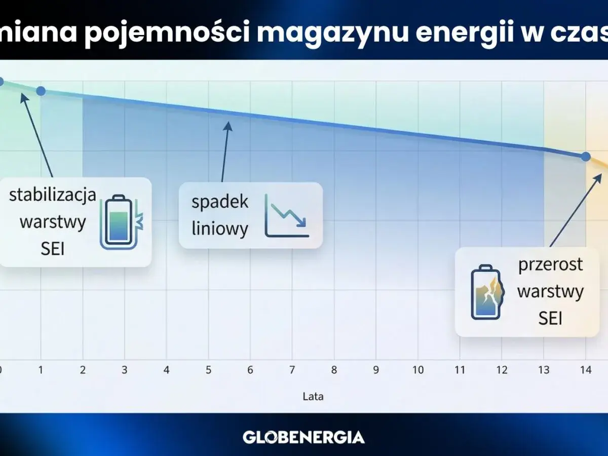 Wykres ilustruje żywotność magazynu energii, pokazując stabilizację, spadek liniowy i przerost warstwy SEI.