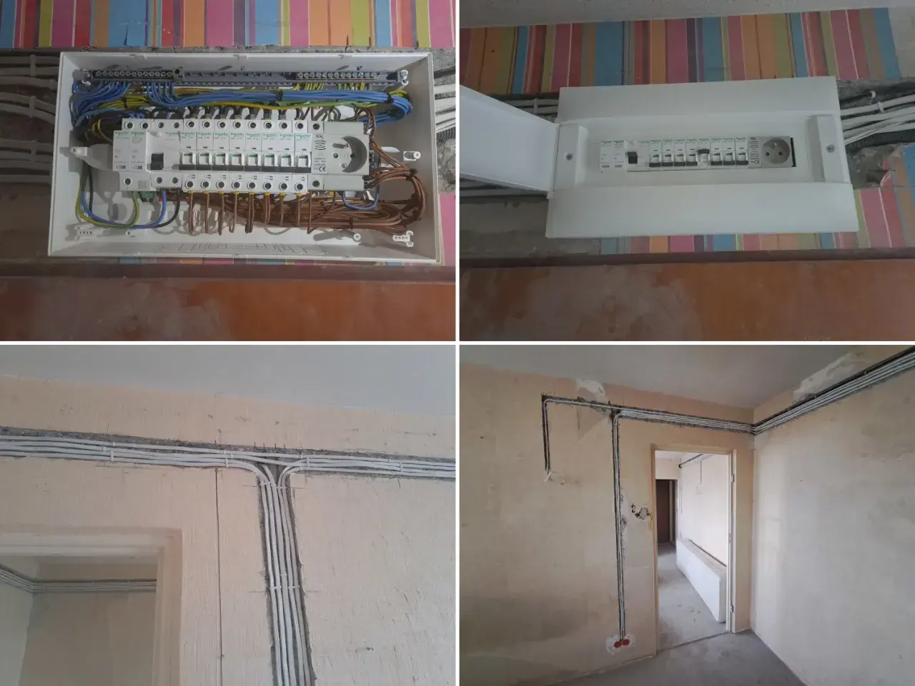 Nowy rozdzielacz i przewody elektryczne w bloku. Trwa wymiana instalacji elektrycznej, widać nowe zabezpieczenia i uporządkowane okablowanie.
