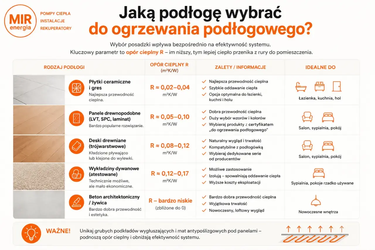 Tabela porównująca rodzaje podłóg do ogrzewania podłogowego, kluczowy parametr to opór cieplny R. Idealne do zasilanie podłogówki 40 stopni.