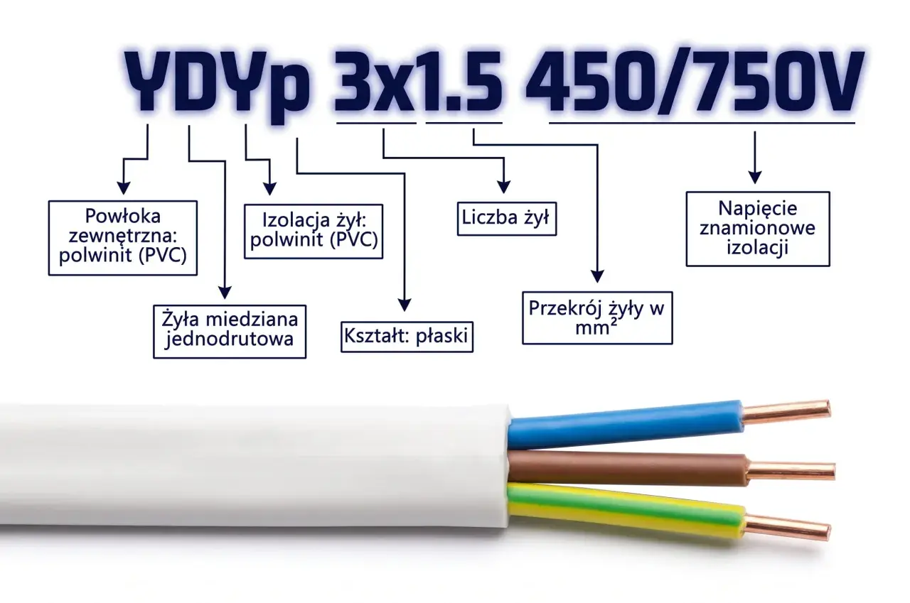 Oznaczenie kabla ziemnego YDYp 3x1.5 450/750V: płaski, 3 żyły, miedziane, jednodrutowe, izolacja i powłoka PVC.