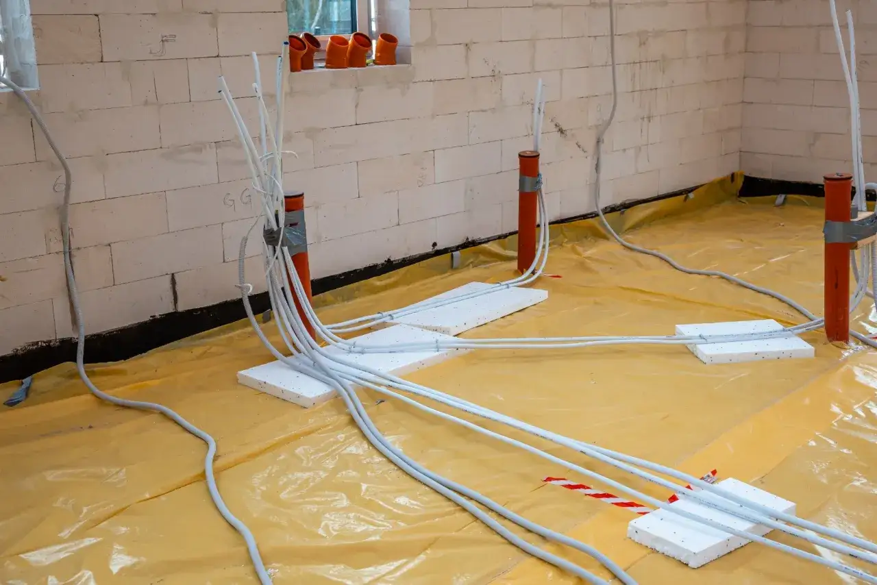 Przygotowanie do tego, jak kłaść kable elektryczne w domu: białe peszle i pomarańczowe rury wychodzą z podłogi pokrytej ż&oacute;łtą folią.