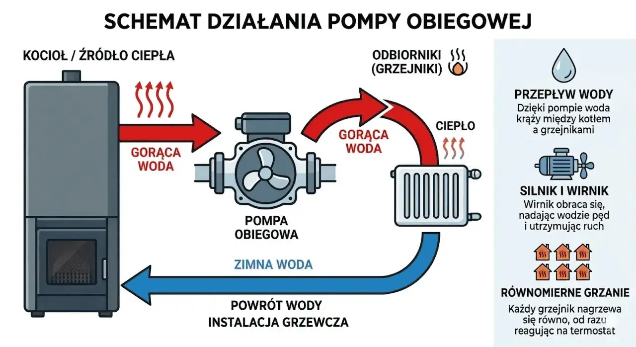 Schemat działania pompy obiegowej: kocioł podgrzewa wodę, pompa wymusza jej obieg przez grzejniki, zapewniając równomierne grzanie.