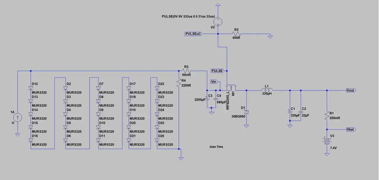 Schemat układu zasilania impulsowego, pokazujący regulator PWM, diody, tranzystor MOSFET, cewkę i kondensatory.