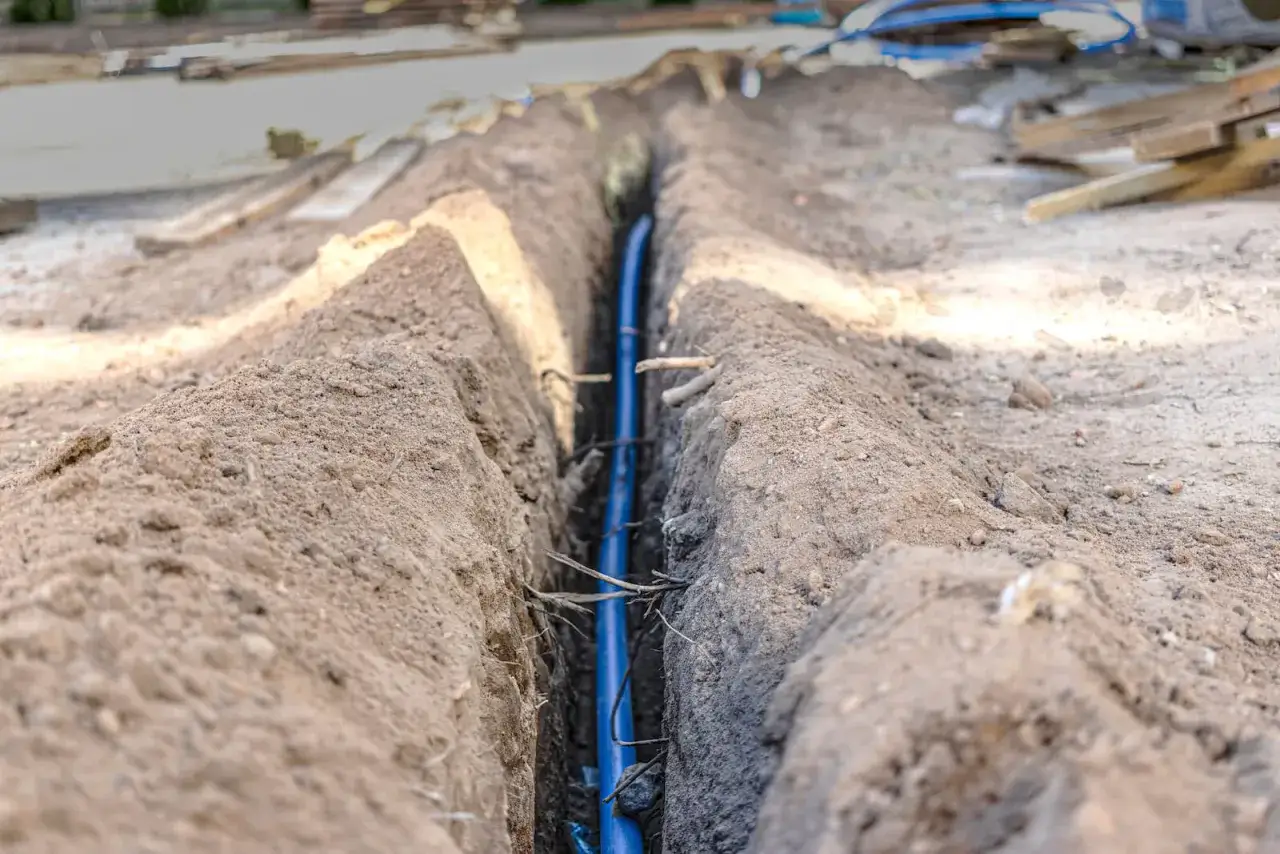 Wykopany r&oacute;w z niebieską rurą, prawdopodobnie na jakiej głębokości kabel elektryczny będzie zakopany.